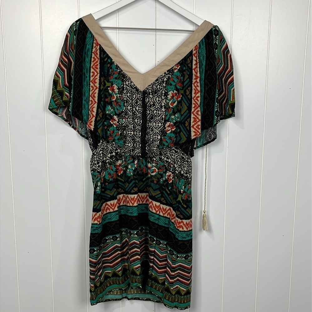 Flying Tomato Womens Mini Dress M Black Green Tribal Print Embroidery 100% Rayon - Picture 9 of 13